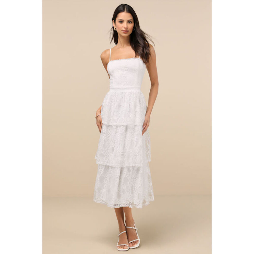 Lulus Estrid White Lace Tiered Midi Dress - Size M